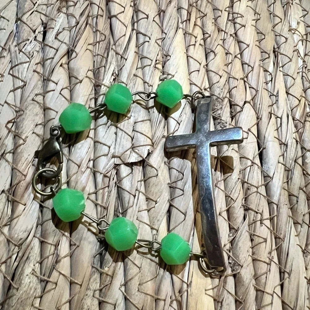 Silver Cross Bracelet with Green Beads